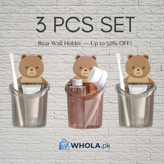 ✨ Cute Bear Wall Holder (3 Pcs Set) | Multi-Use Toothbrush & Storage Cup