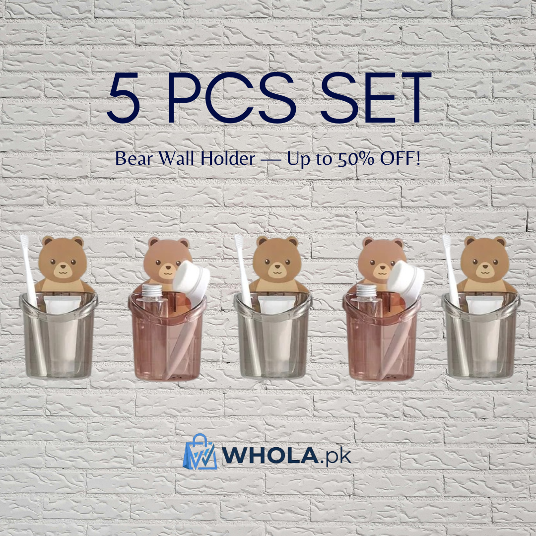 ✨ Cute Bear Wall Holder (3 Pcs Set) | Multi-Use Toothbrush & Storage Cup